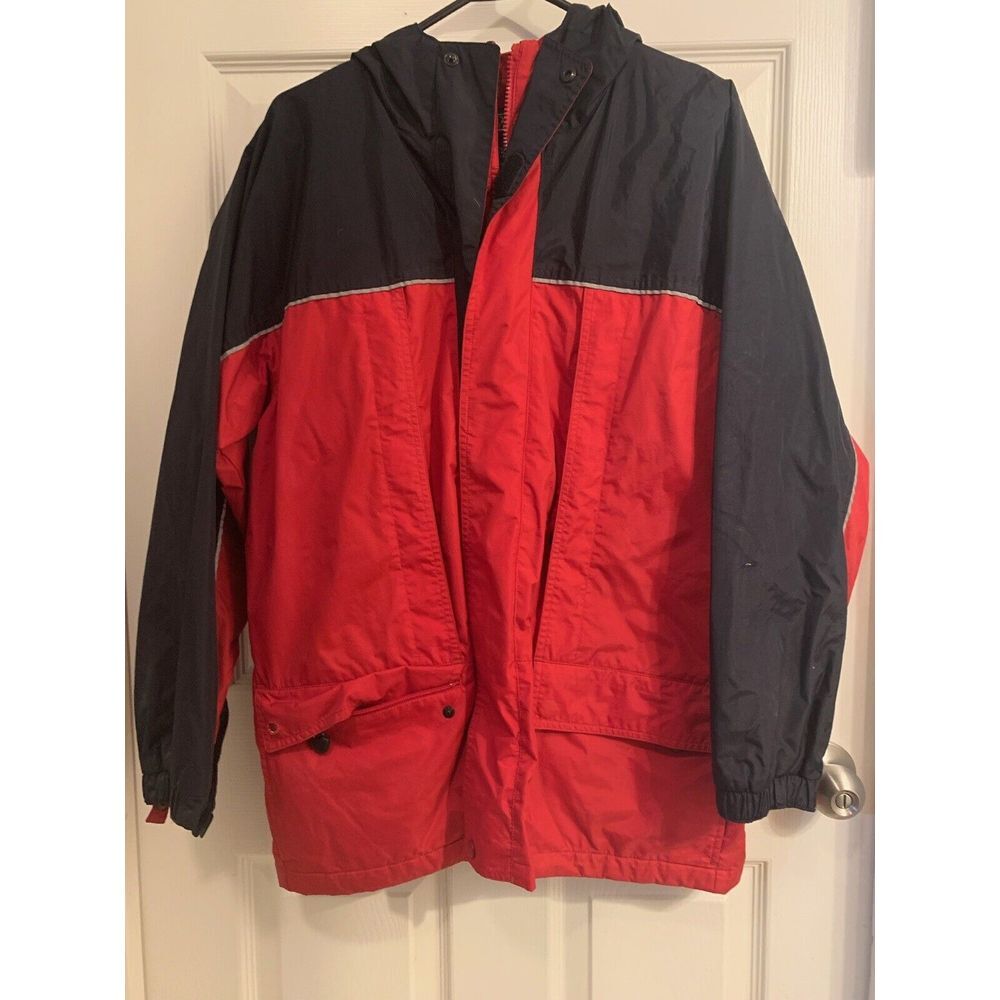 Vintage Lands End Mens Red/Blue Hooded Lined Rain‎ Jacket Size Large